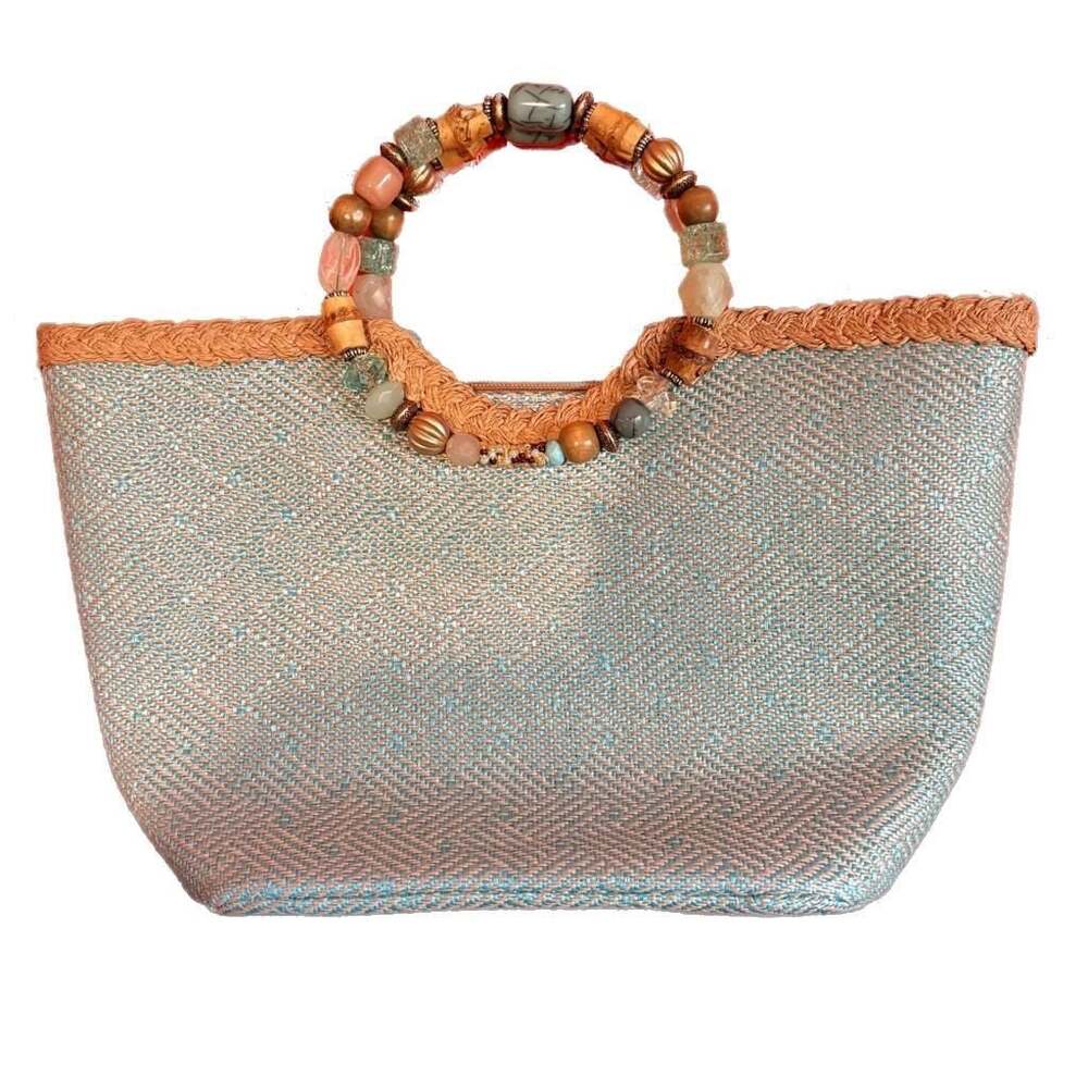 Cappelli Straworld Blue Woven Straw Tote with Beaded Ring Handles Resort